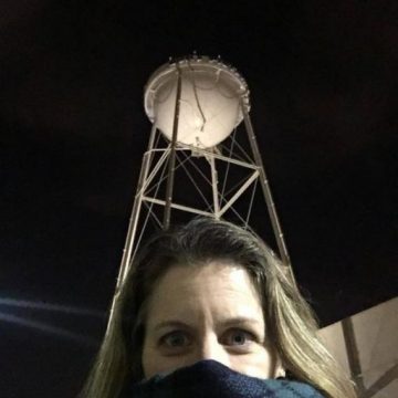 backstage on the lot at Sony Studios Columbia Pictures in front of water tower
